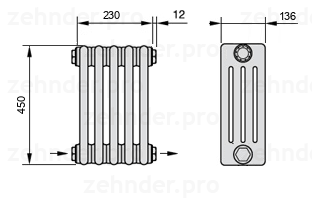 Схема (чертеж) Радиатор Zehnder Charleston 4045/5 №2670 Белый глянцевый RAL 9016